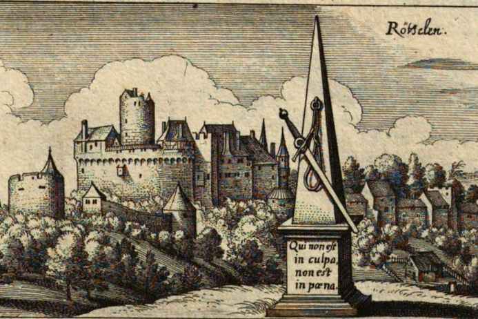 Einfarbige Grafik mit historischer Ansicht der Burganlage Rötteln